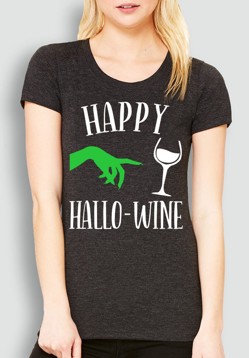 Happy HalloWine Witch Short Sleeve Tee in maroon, gray, and charcoal colors, featuring a playful Halloween design.