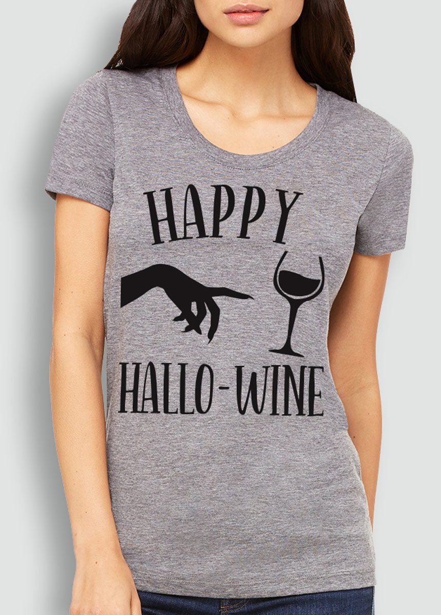 Happy HalloWine Witch Short Sleeve Tee in maroon, gray, and charcoal colors, featuring a playful Halloween design.