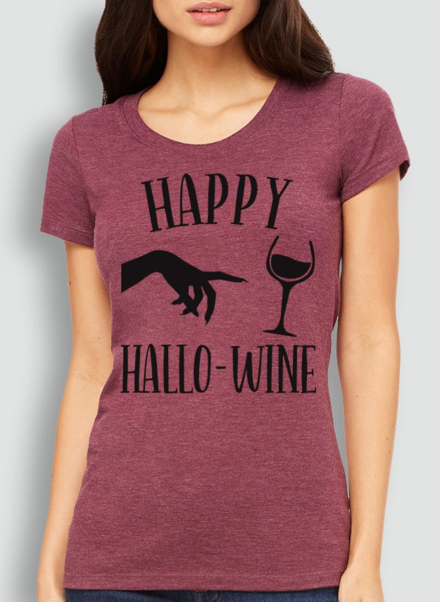 Happy HalloWine Witch Short Sleeve Tee in maroon, gray, and charcoal colors, featuring a playful Halloween design.