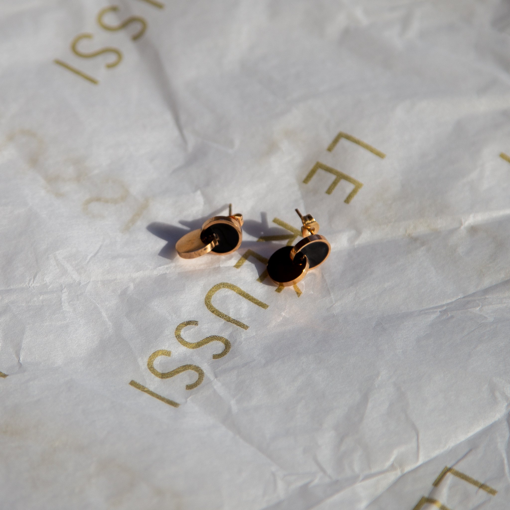 Elegant Harmony Circles Earrings made of stainless steel with a rose gold finish and black color, showcasing a modern circular design.