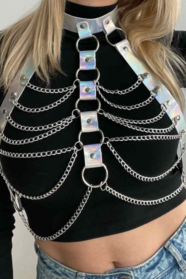 Silver harness belt with chains and decorative metal rings, made from high-quality faux leather, adjustable for all sizes.