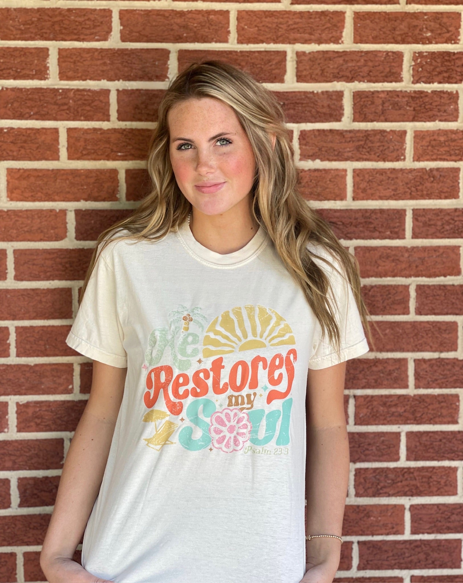 He Restores My Soul Tee in Ivory color, made from soft cotton fabric with a unique spiritual design.