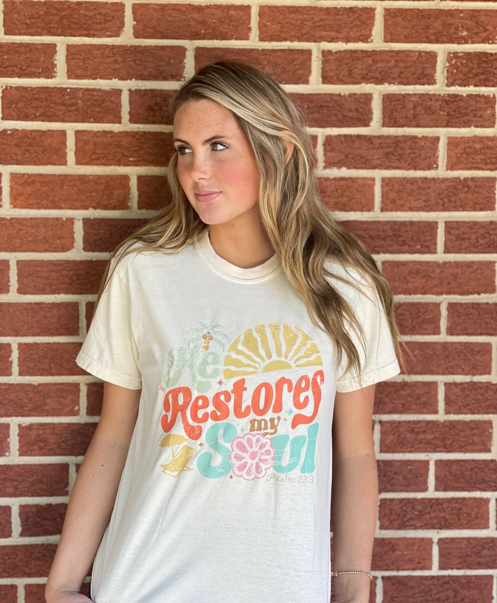 He Restores My Soul Tee in Ivory color, made from soft cotton fabric with a unique spiritual design.