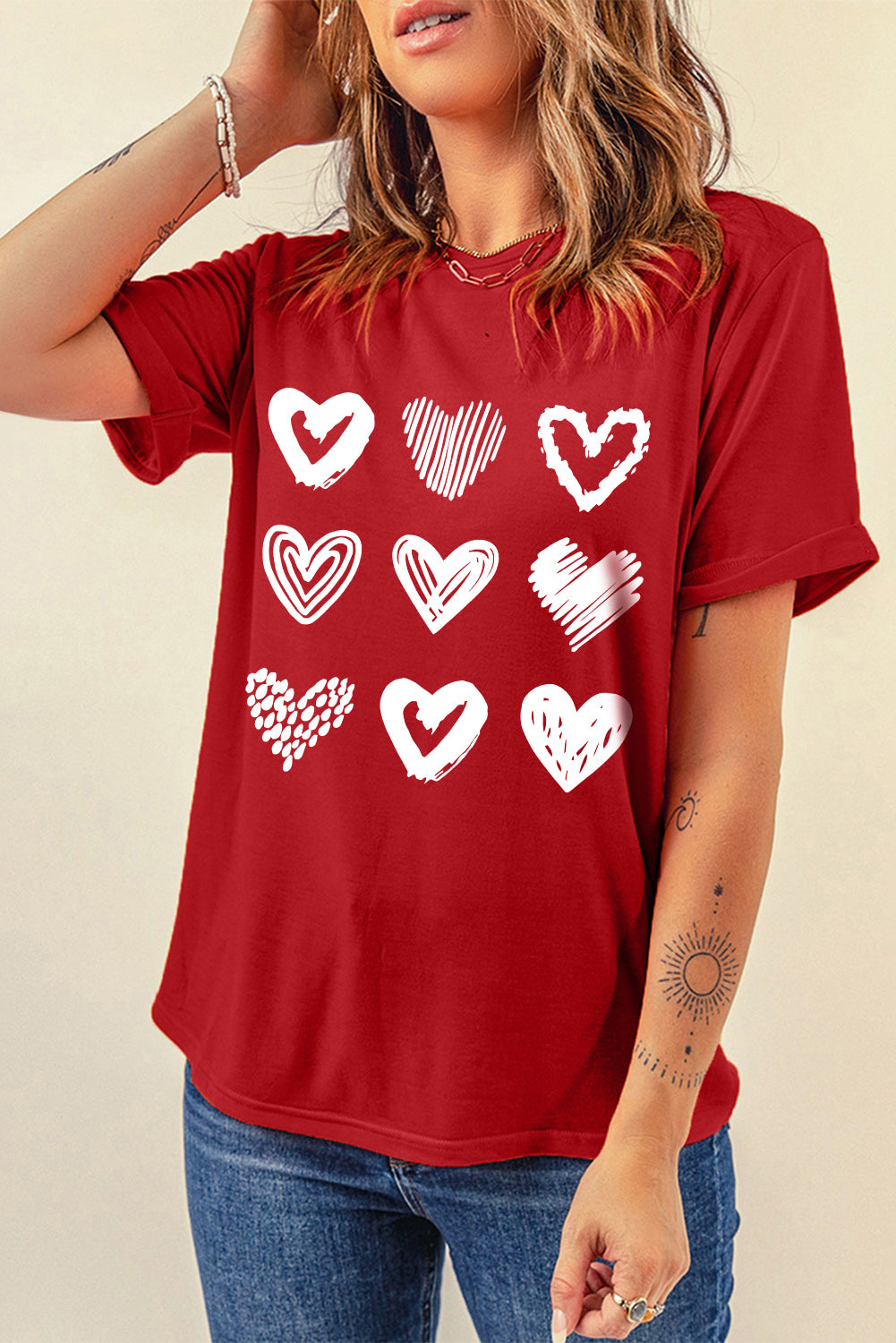 Heart Graphic Round Neck Tee featuring a stylish heart design, short sleeves, and a comfortable fit, perfect for casual wear.