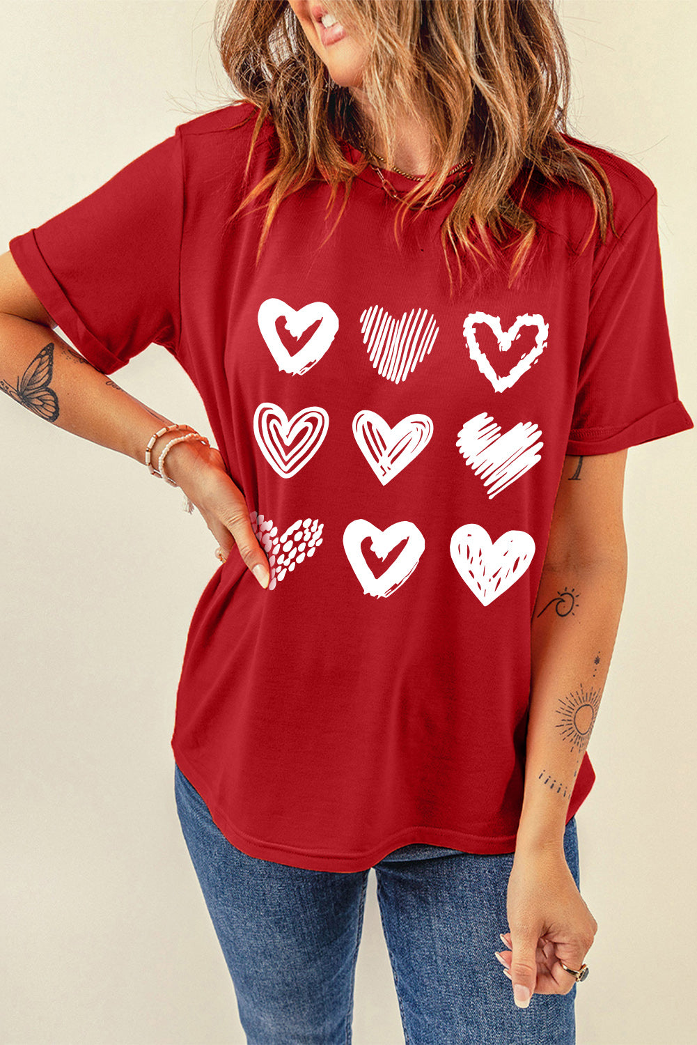 Heart Graphic Round Neck Tee featuring a stylish heart design, short sleeves, and a comfortable fit, perfect for casual wear.