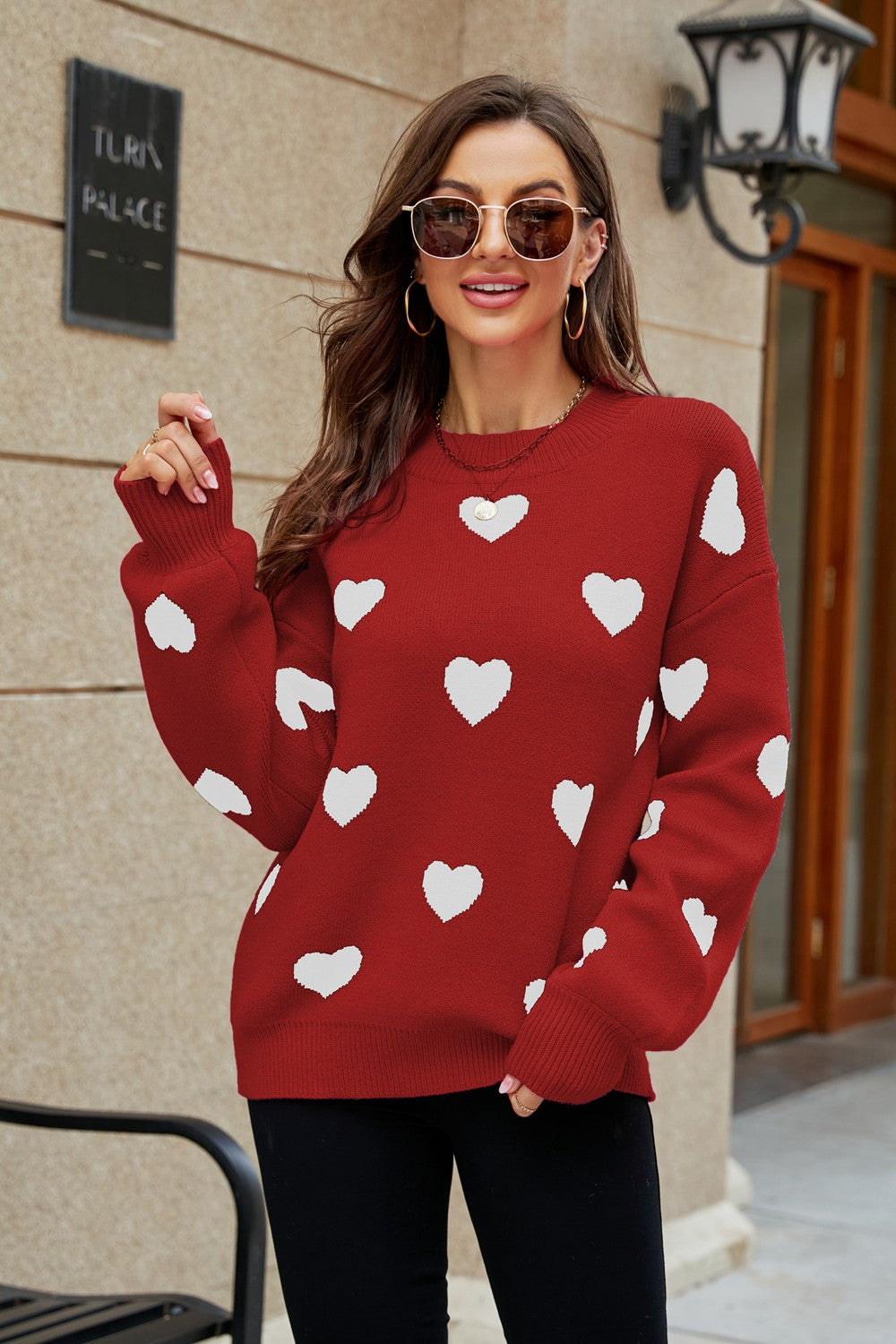 Heart Pattern Lantern Sleeve Round Neck Tunic Sweater in a casual outdoor setting, showcasing its stylish design and comfortable fit.