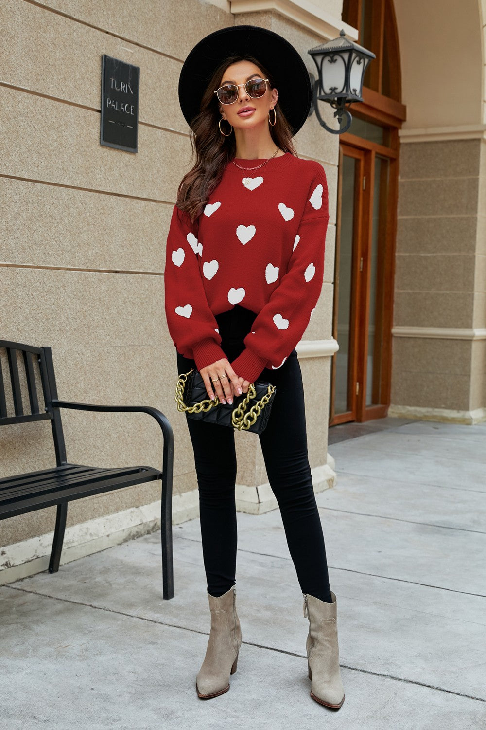 Heart Pattern Lantern Sleeve Round Neck Tunic Sweater in a casual outdoor setting, showcasing its stylish design and comfortable fit.