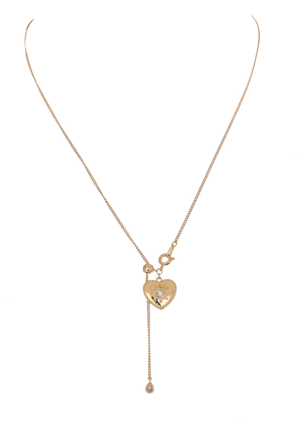 A beautiful Heart Pendant Drop Necklace featuring lustrous rhinestones on a brass chain, showcasing elegance and charm.