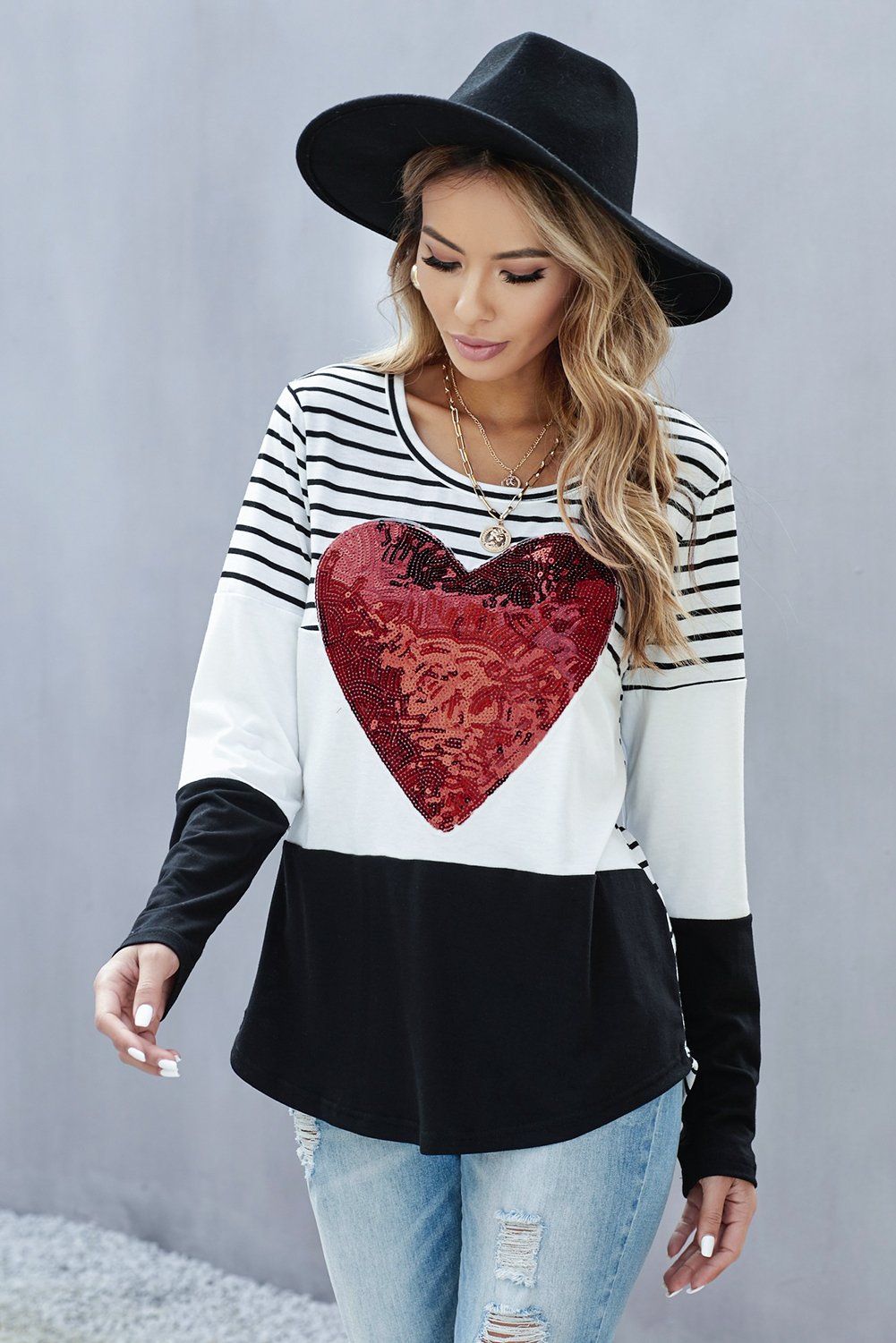 Heart Sequins Striped Long Sleeve Top featuring a bold red heart pattern, perfect for casual wear and Valentine's Day.