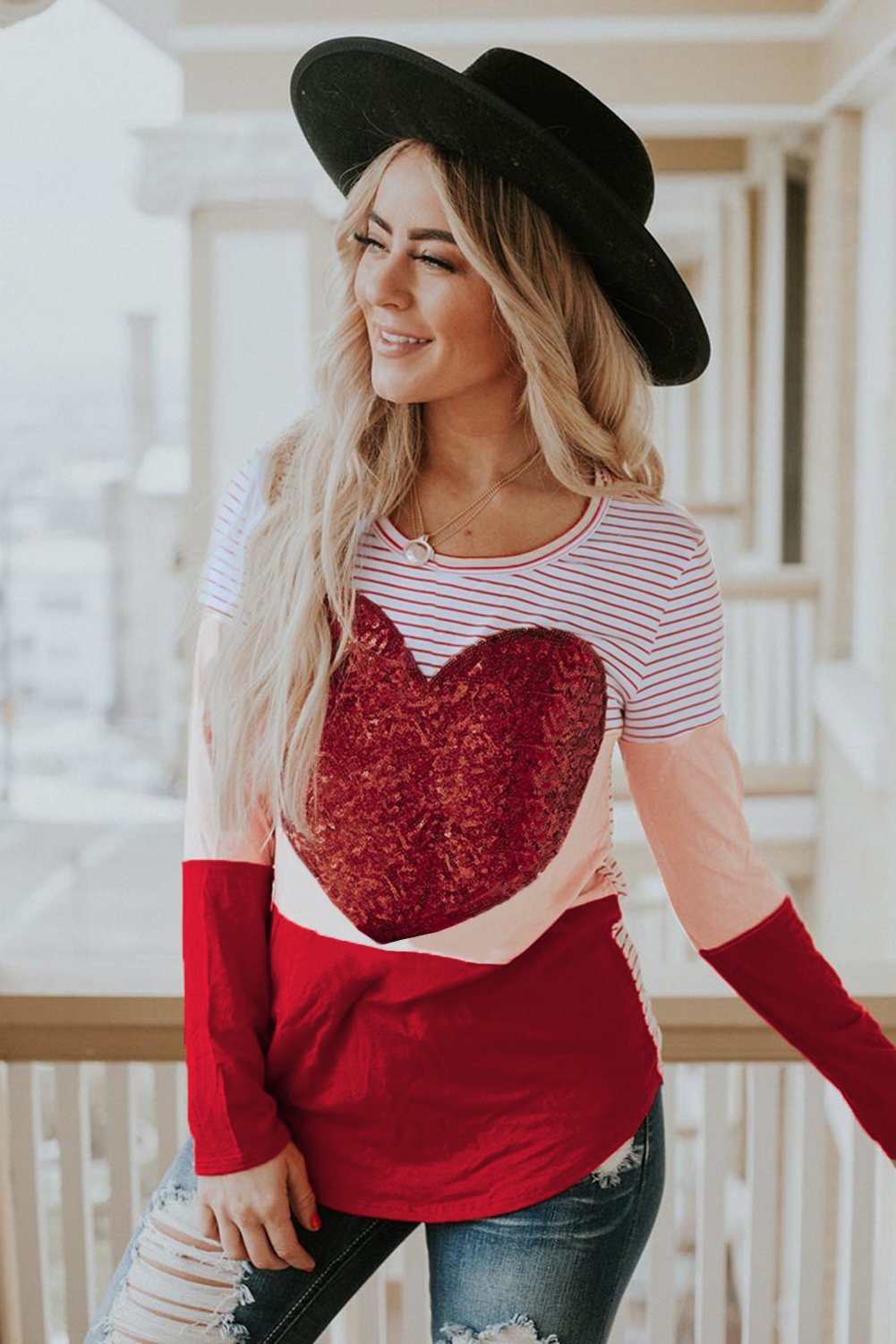 Heart Sequins Striped Long Sleeve Top featuring a bold red heart pattern, perfect for casual wear and Valentine's Day.