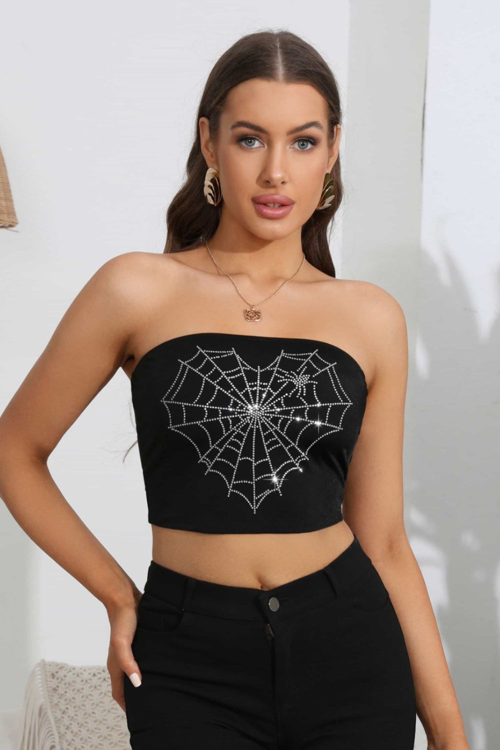 Heart Spider Web Graphic Tube Top featuring rhinestone details and a cropped design, perfect for casual wear.