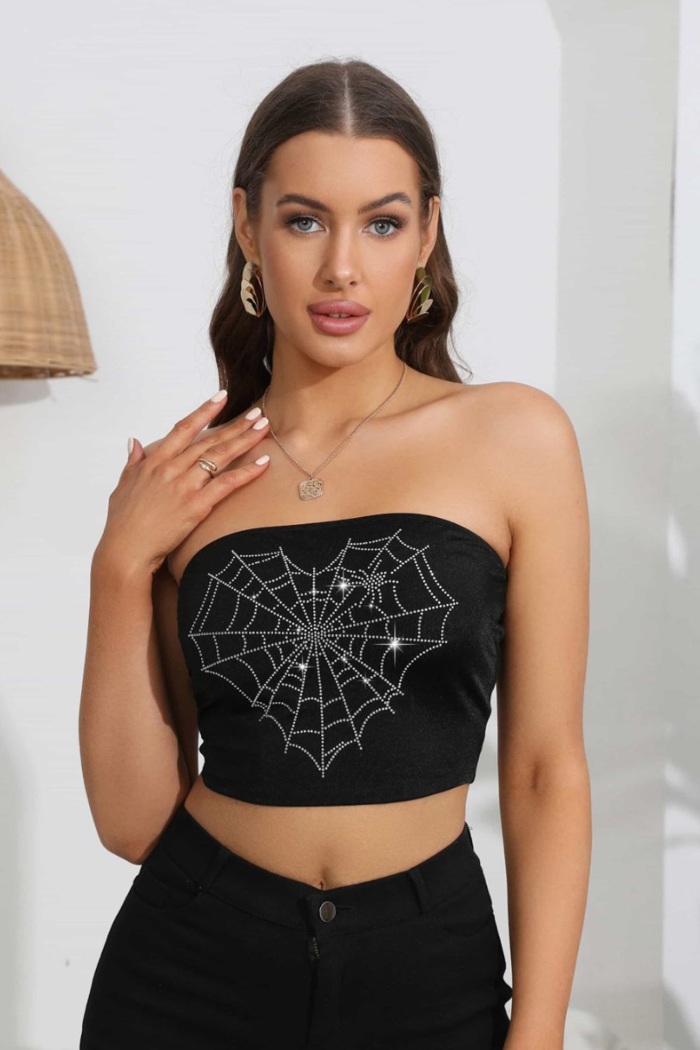 Heart Spider Web Graphic Tube Top featuring rhinestone details and a cropped design, perfect for casual wear.