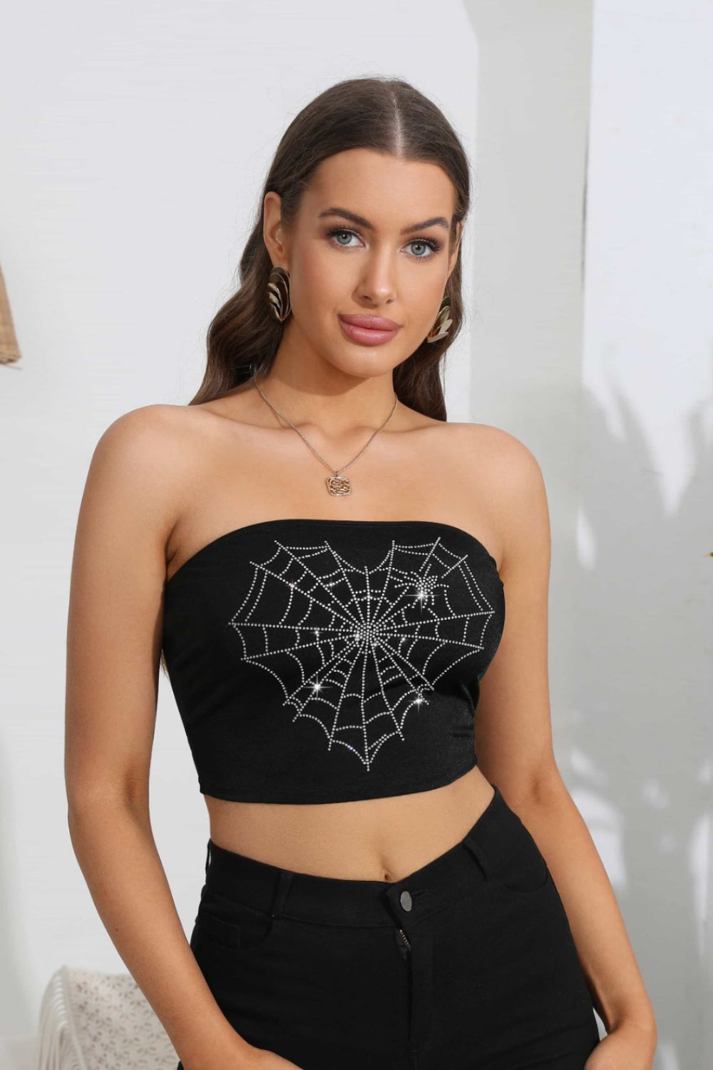 Heart Spider Web Graphic Tube Top featuring rhinestone details and a cropped design, perfect for casual wear.