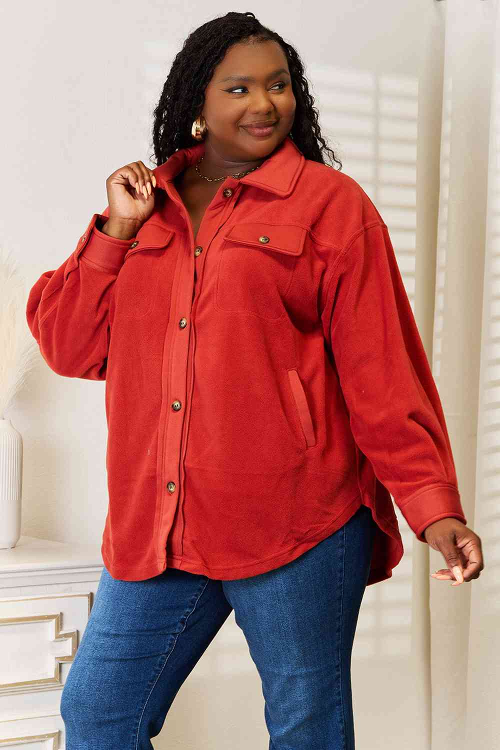 Heimish Cozy Girl Full Size Button Down Shacket featuring a chic design with button-down front, long puff sleeves, and side pockets.