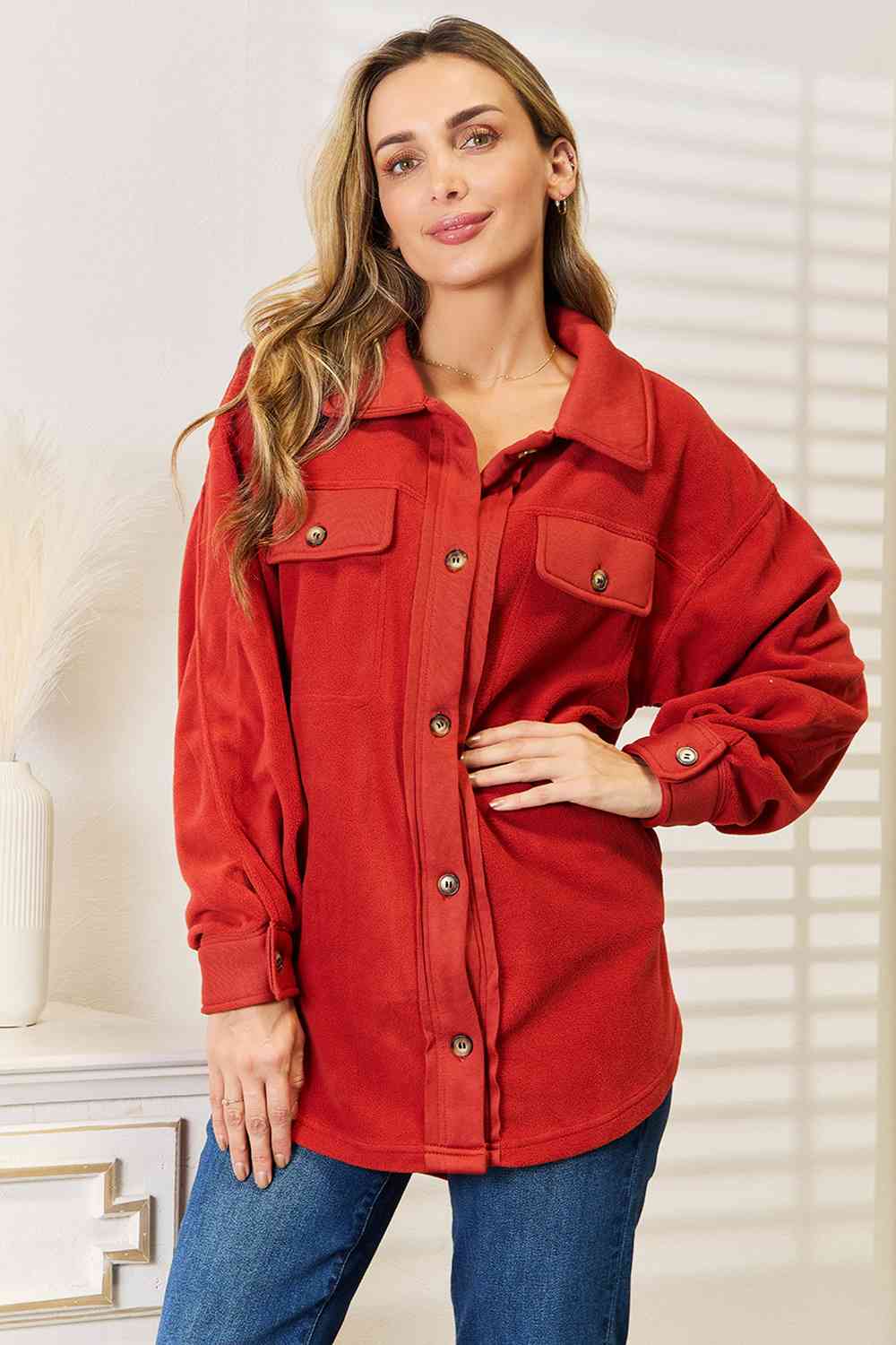 Heimish Cozy Girl Full Size Button Down Shacket featuring a chic design with button-down front, long puff sleeves, and side pockets.