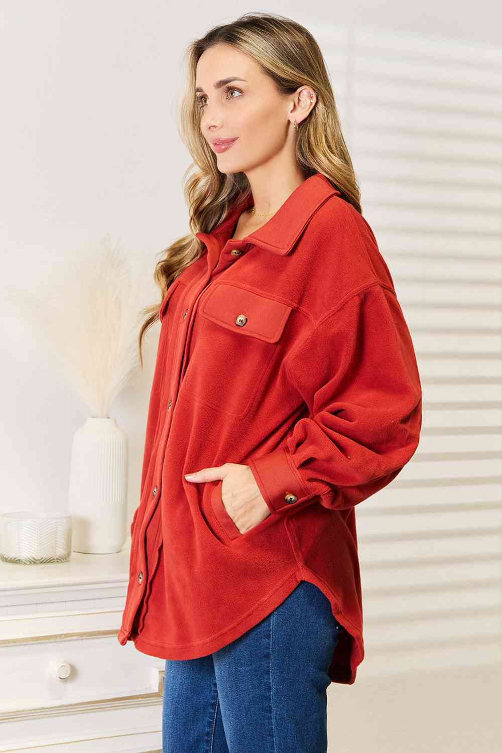 Heimish Cozy Girl Full Size Button Down Shacket featuring a chic design with button-down front, long puff sleeves, and side pockets.