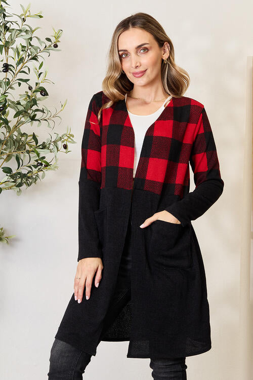 Heimish Full Size Plaid Open Front Cardigan featuring a classic plaid pattern and solid color accents, perfect for layering.