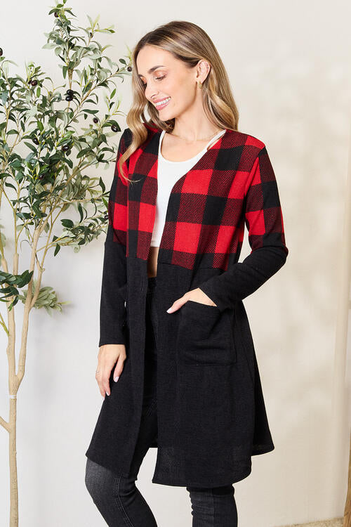 Heimish Full Size Plaid Open Front Cardigan featuring a classic plaid pattern and solid color accents, perfect for layering.