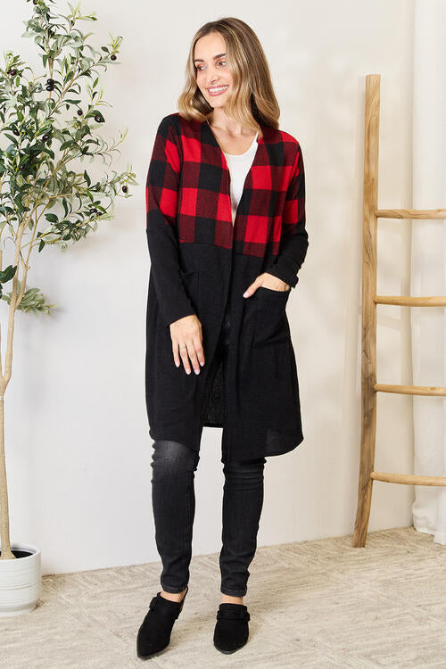 Heimish Full Size Plaid Open Front Cardigan featuring a classic plaid pattern and solid color accents, perfect for layering.