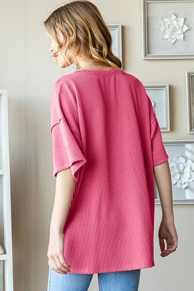 Heimish Full Size Ribbed Half Button Drop Shoulder Top in a stylish ribbed design, featuring a half button detail and relaxed drop shoulder fit.