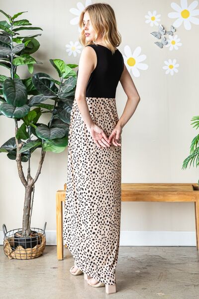 Heimish Full Size Slit Animal Print V-Neck Wide Strap Dress featuring a bold animal print, flattering V-neckline, and alluring slit detail.