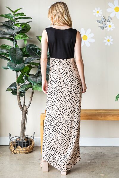 Heimish Full Size Slit Animal Print V-Neck Wide Strap Dress featuring a bold animal print, flattering V-neckline, and alluring slit detail.