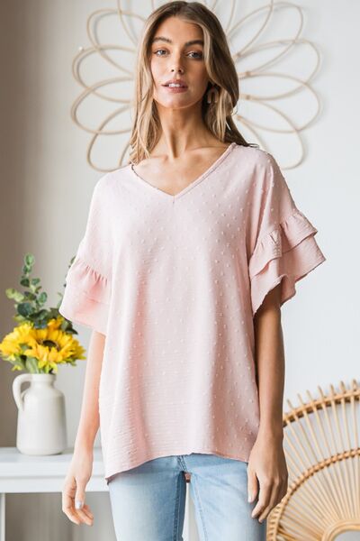 Heimish Full Size Swiss Dot Ruffle Short Sleeve Top featuring a charming swiss dot pattern and delicate ruffle sleeves, perfect for casual or dressy occasions.