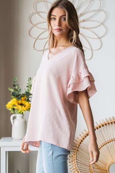 Heimish Full Size Swiss Dot Ruffle Short Sleeve Top featuring a charming swiss dot pattern and delicate ruffle sleeves, perfect for casual or dressy occasions.