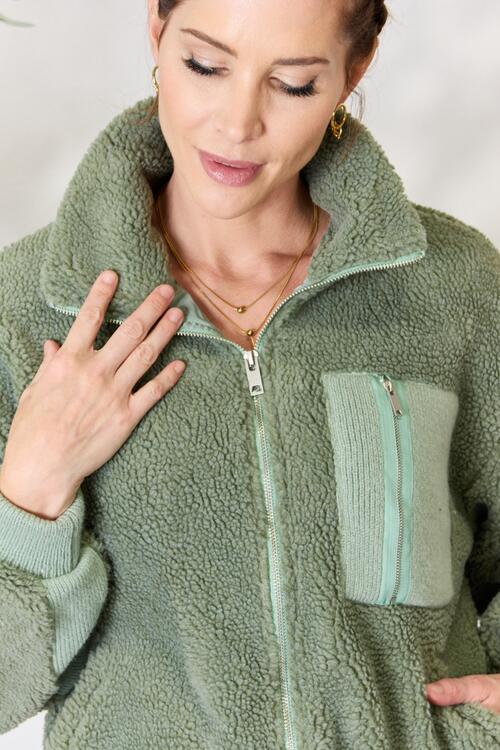 Heimish Full Size Zip Up Collared Neck Jacket in soft sherpa fabric, featuring a front zipper and stylish collar.