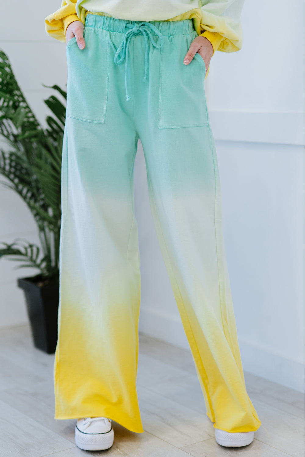 Hello Summer Full Size Run Ombre Wide Leg Sweat Pants in vibrant colors with pockets and drawstring waist, perfect for summer lounging.