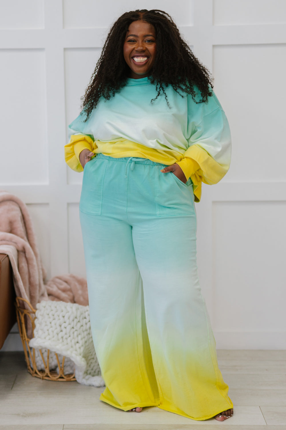 Hello Summer Full Size Run Ombre Wide Leg Sweat Pants in vibrant colors with pockets and drawstring waist, perfect for summer lounging.