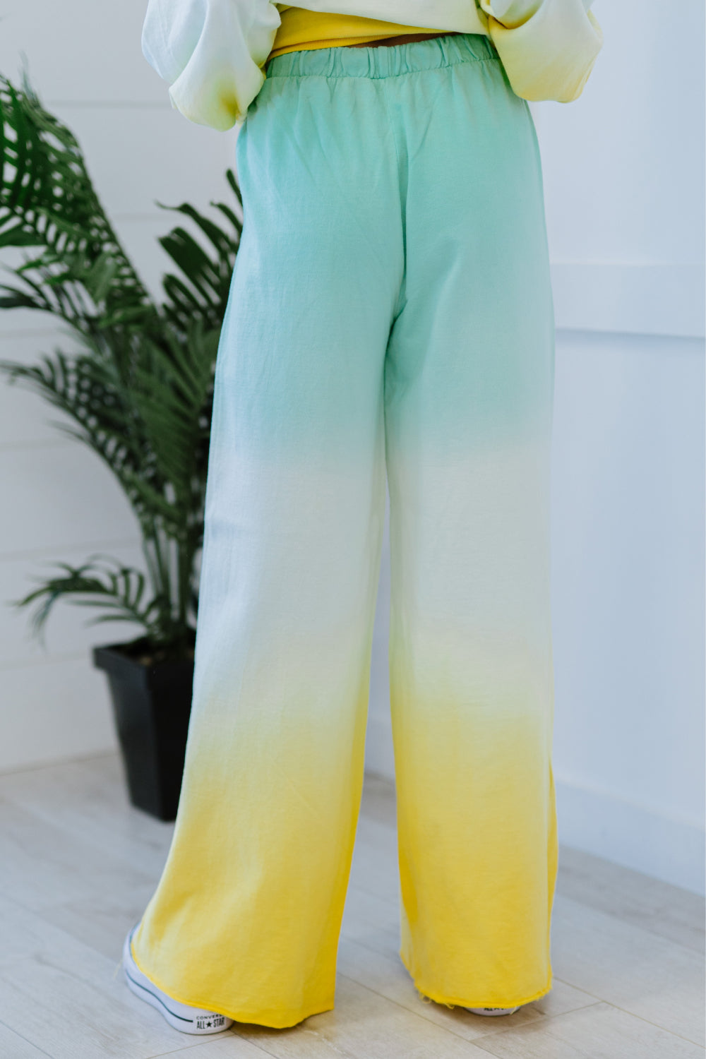 Hello Summer Full Size Run Ombre Wide Leg Sweat Pants in vibrant colors with pockets and drawstring waist, perfect for summer lounging.