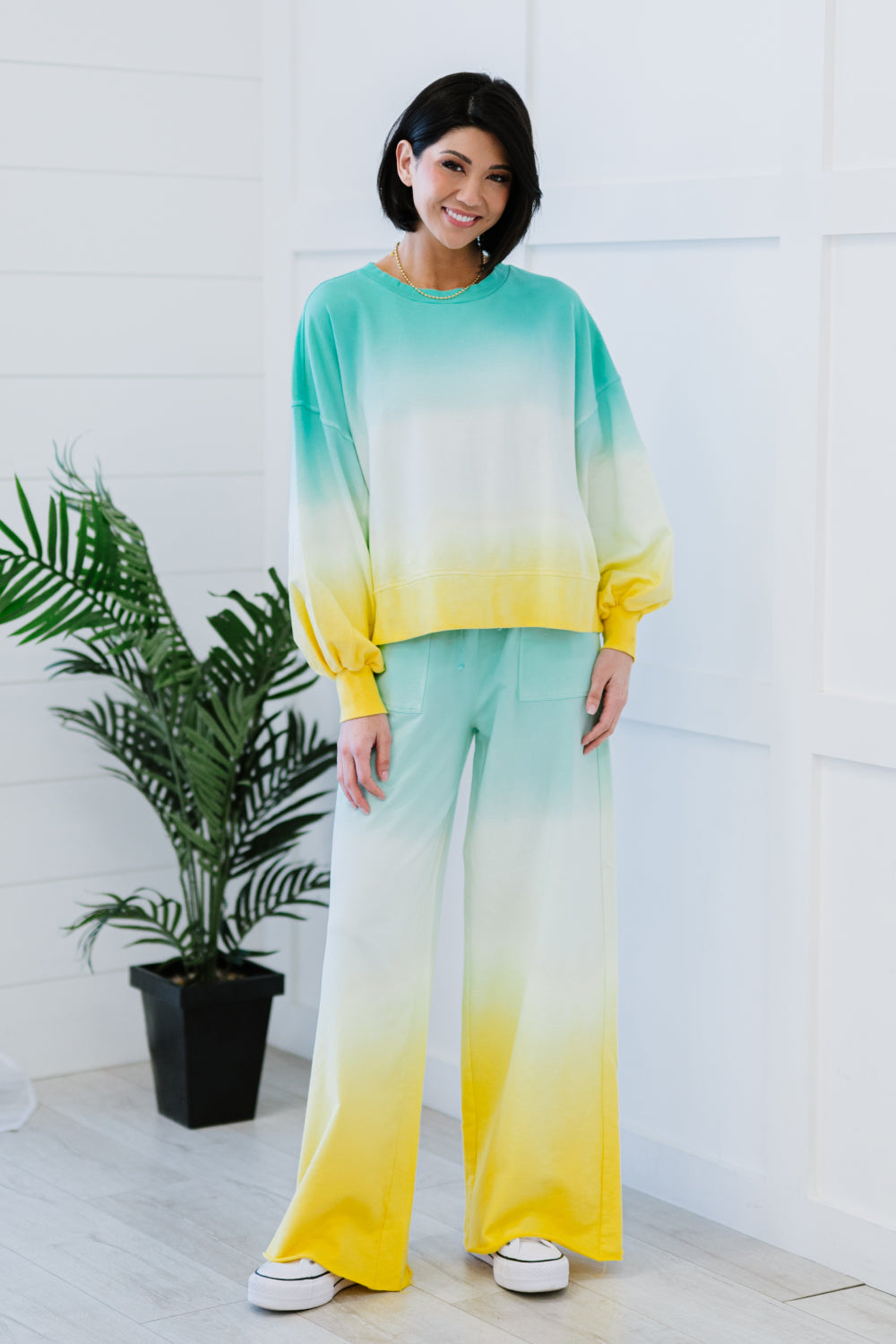 Hello Summer Full Size Run Ombre Wide Leg Sweat Pants in vibrant colors with pockets and drawstring waist, perfect for summer lounging.