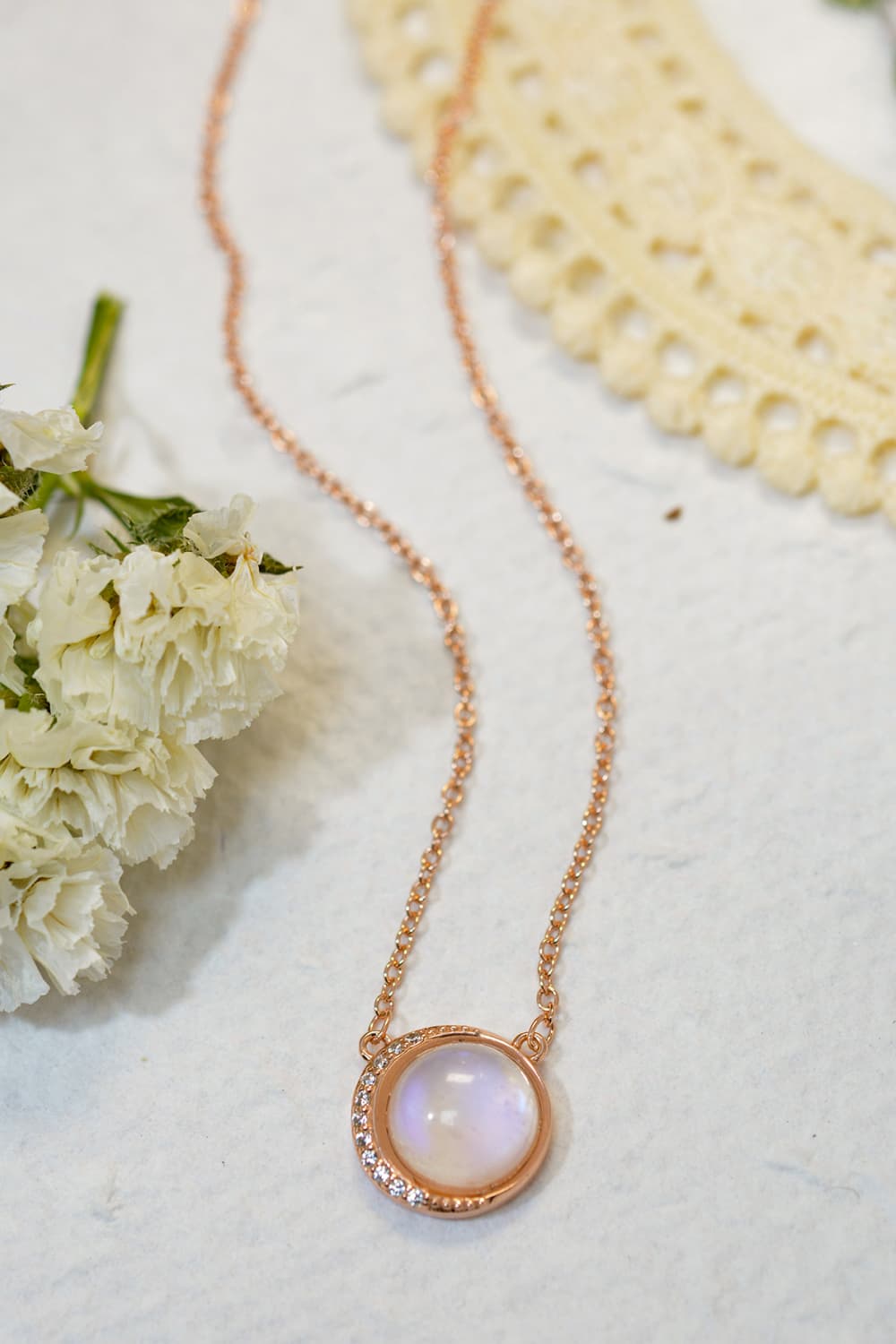 High Quality Natural Moonstone jewelry featuring 18K rose gold-plated 925 sterling silver with unique inclusions.