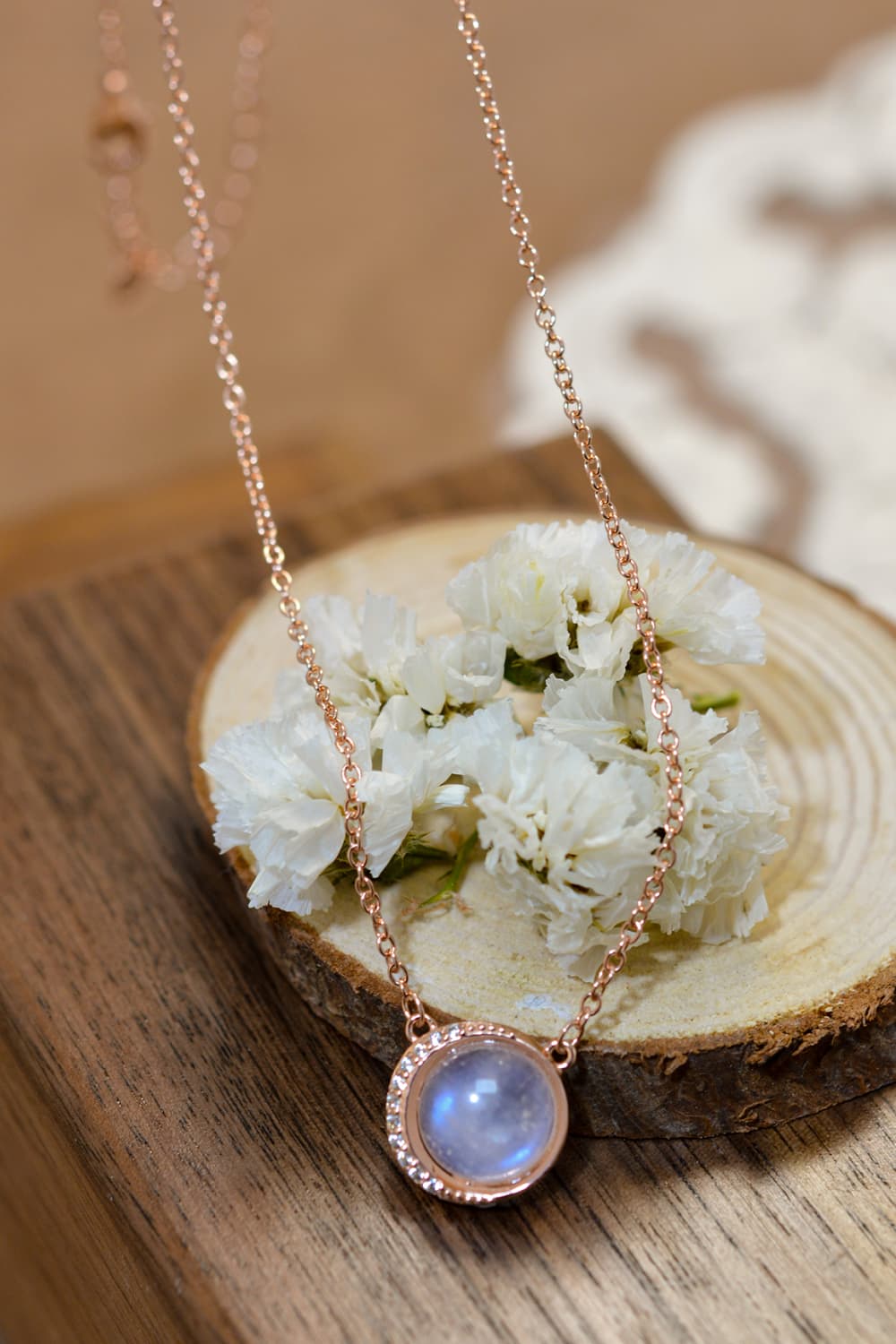 High Quality Natural Moonstone jewelry featuring 18K rose gold-plated 925 sterling silver with unique inclusions.