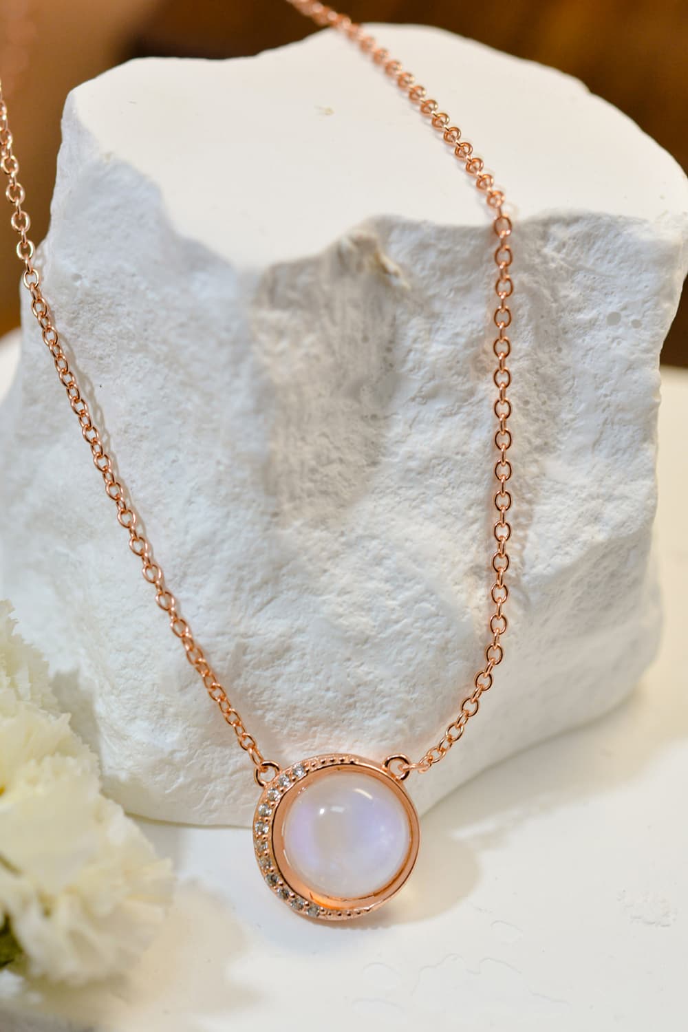 High Quality Natural Moonstone jewelry featuring 18K rose gold-plated 925 sterling silver with unique inclusions.