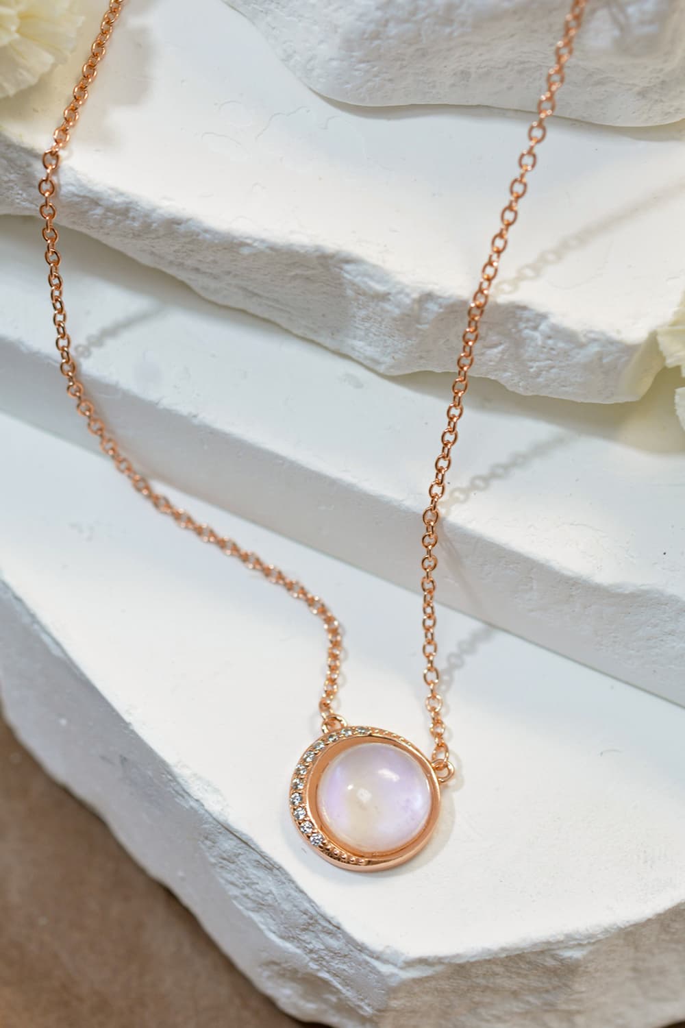 High Quality Natural Moonstone jewelry featuring 18K rose gold-plated 925 sterling silver with unique inclusions.