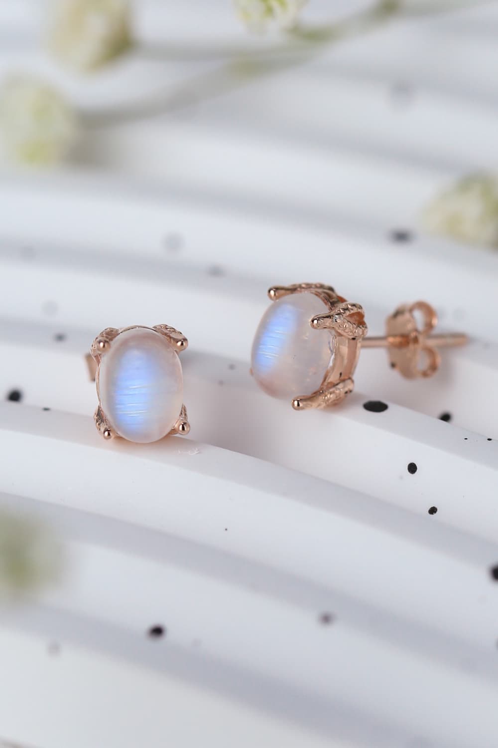 High Quality Natural Moonstone 925 Sterling Silver Stud Earrings showcasing translucent white and blue-violet hues, set in elegant sterling silver.