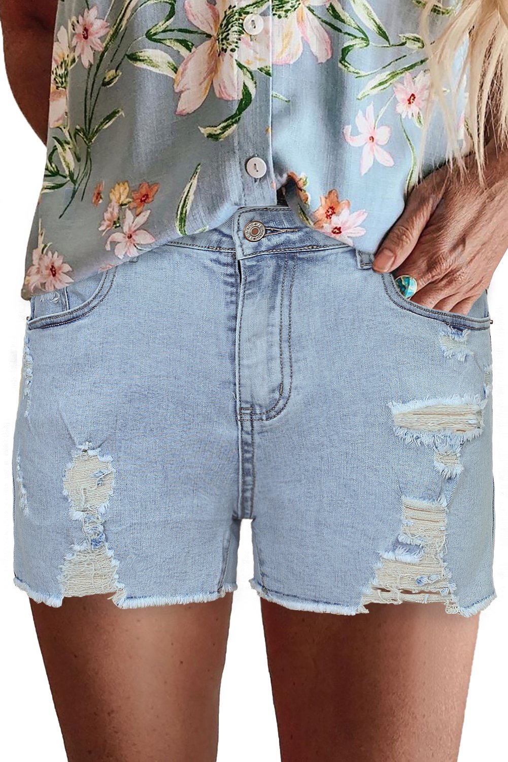 High Rise Destroyed Denim Shorts featuring heavy distressing and a high waist design, perfect for summer fashion.