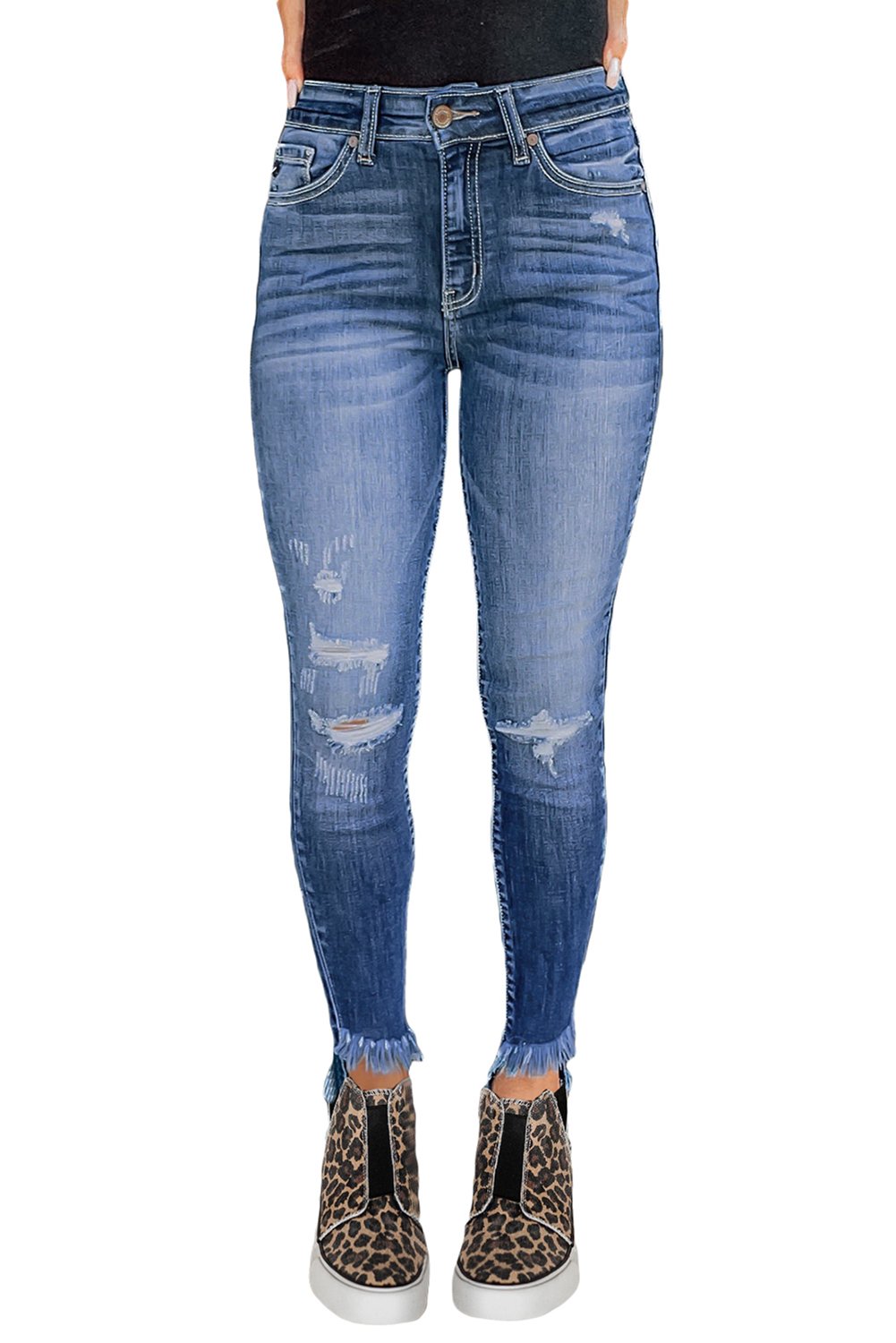 High Rise Distressed Skinny Jeans featuring a high-waisted design and irregular leg ankles, perfect for stylish casual wear.