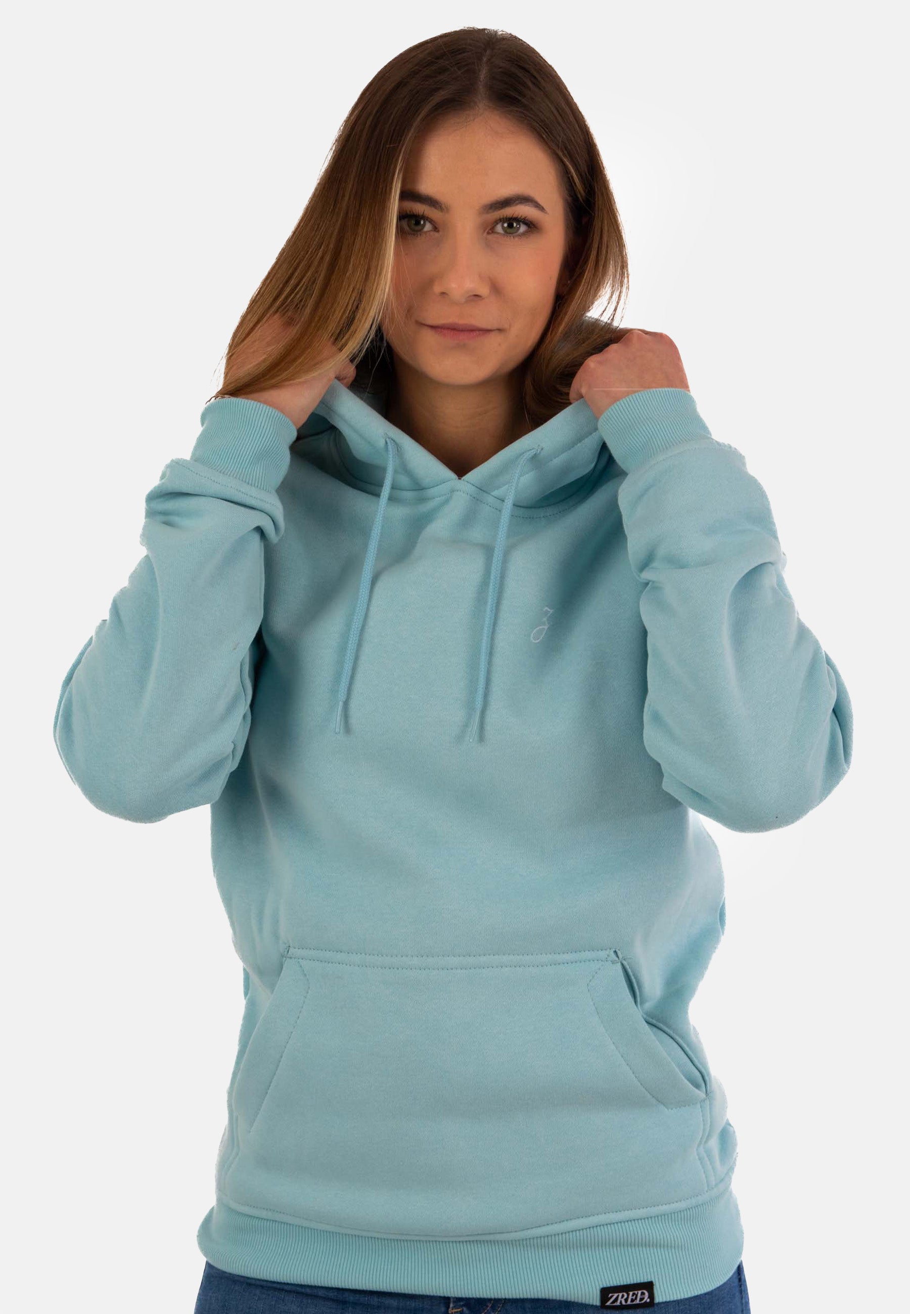 HIGH STD Hoodie in babyblau für Damen, hochwertig verarbeitet mit besonderen Details.