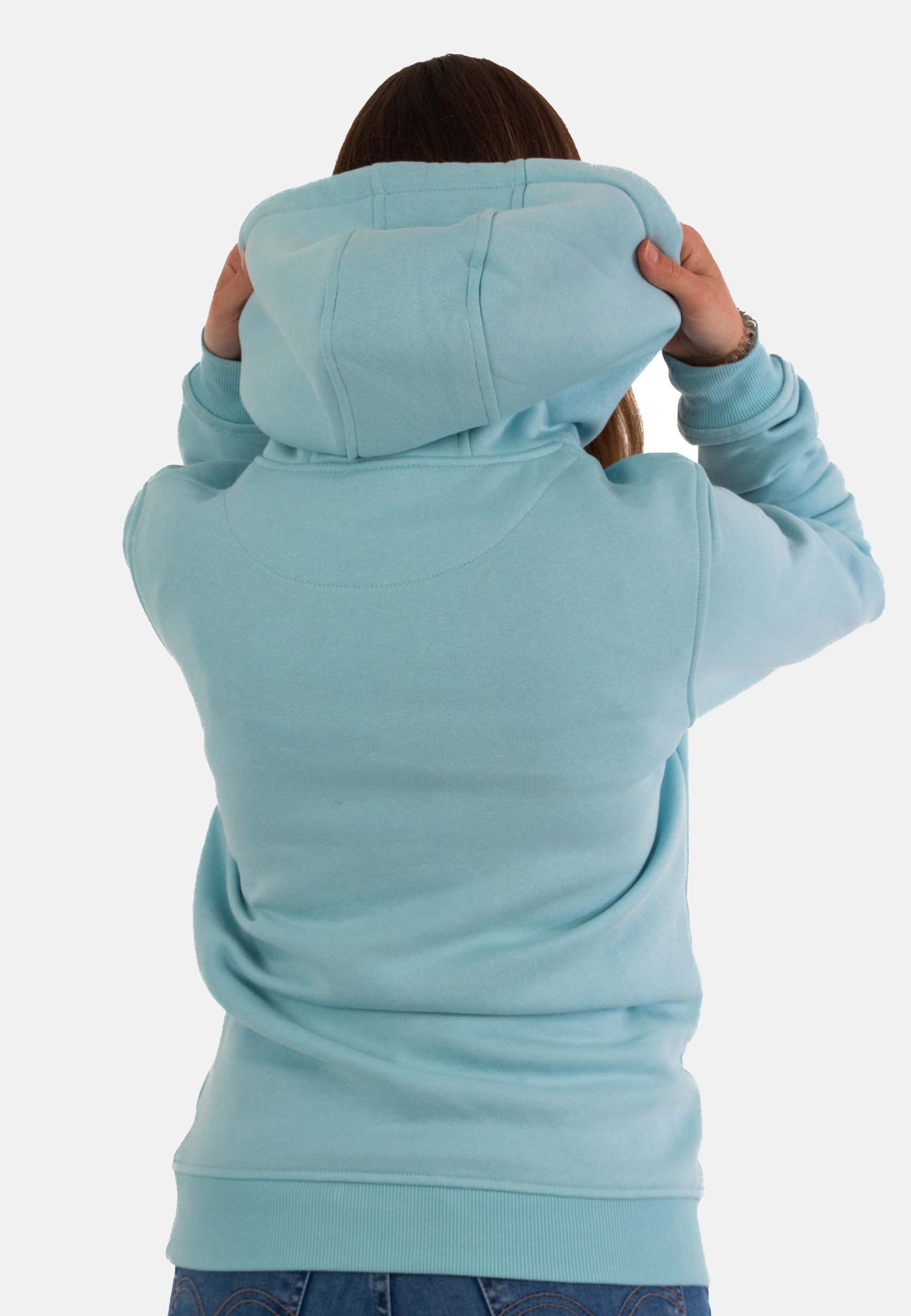 HIGH STD Hoodie in babyblau für Damen, hochwertig verarbeitet mit besonderen Details.