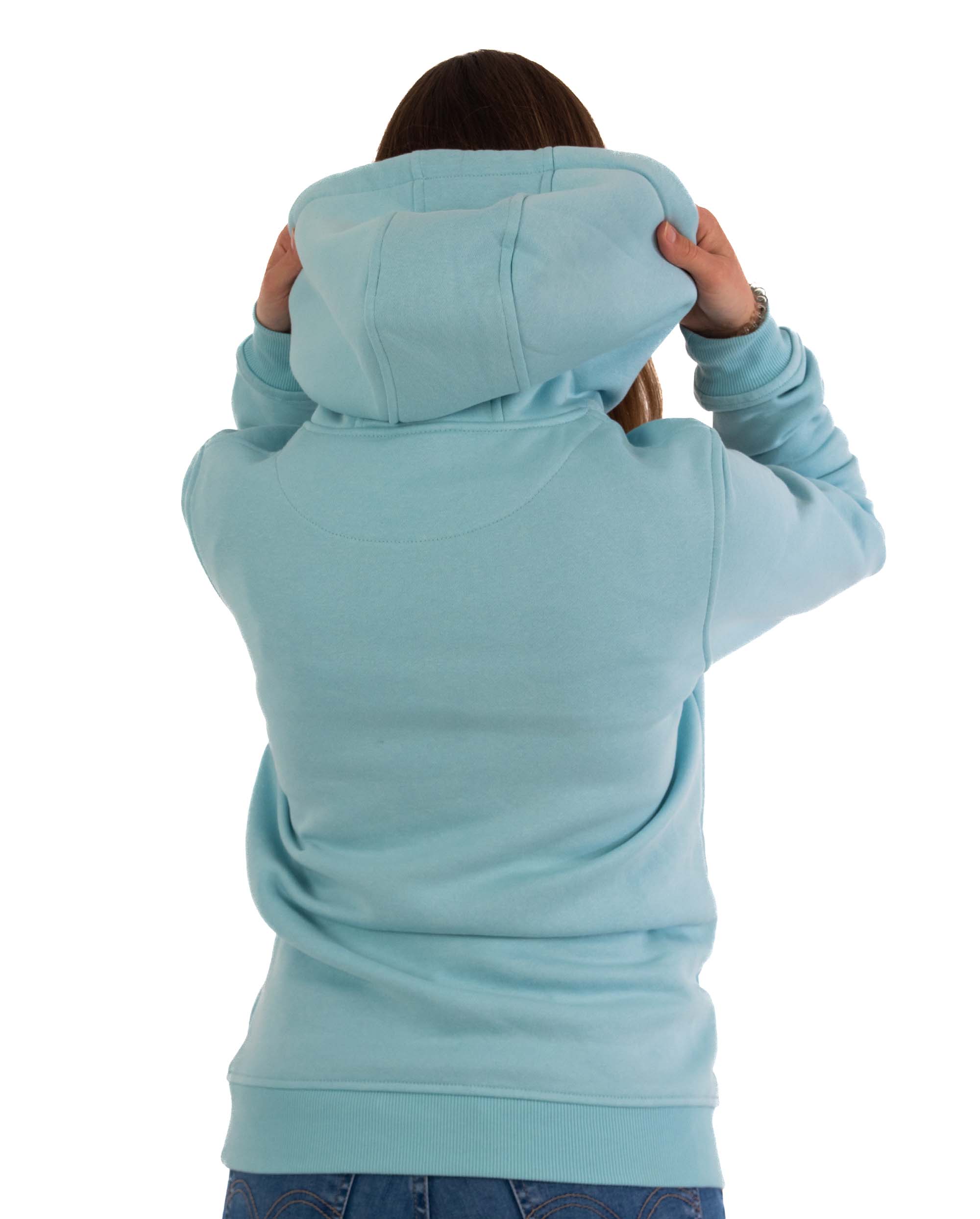 HIGH STD Hoodie in babyblau für Damen, hochwertig verarbeitet mit besonderen Details.