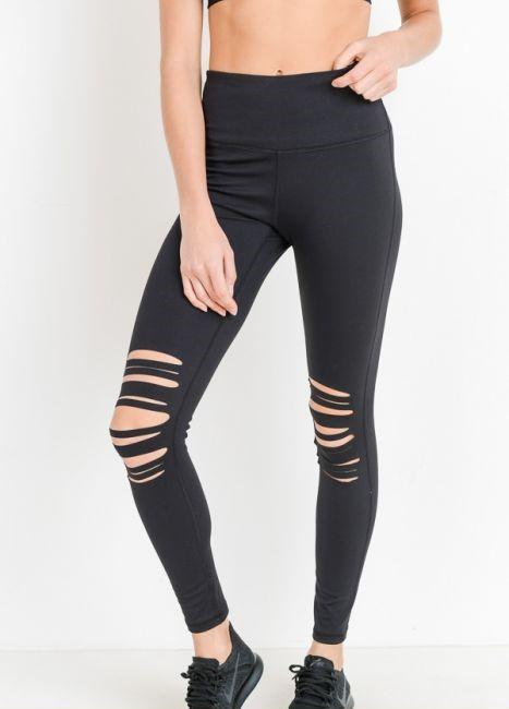 High Waist Laser Cut Ripped Knee Leggings featuring edgy knee distressing and a supportive high waistband.