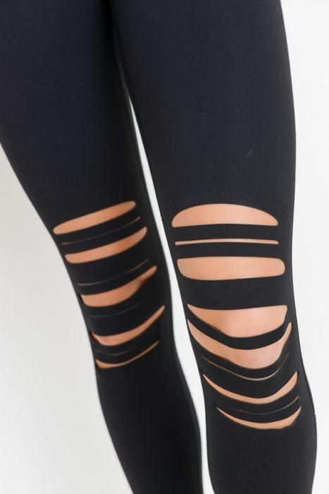 High Waist Laser Cut Ripped Knee Leggings featuring edgy knee distressing and a supportive high waistband.