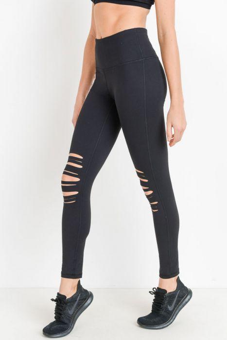 High Waist Laser Cut Ripped Knee Leggings featuring edgy knee distressing and a supportive high waistband.