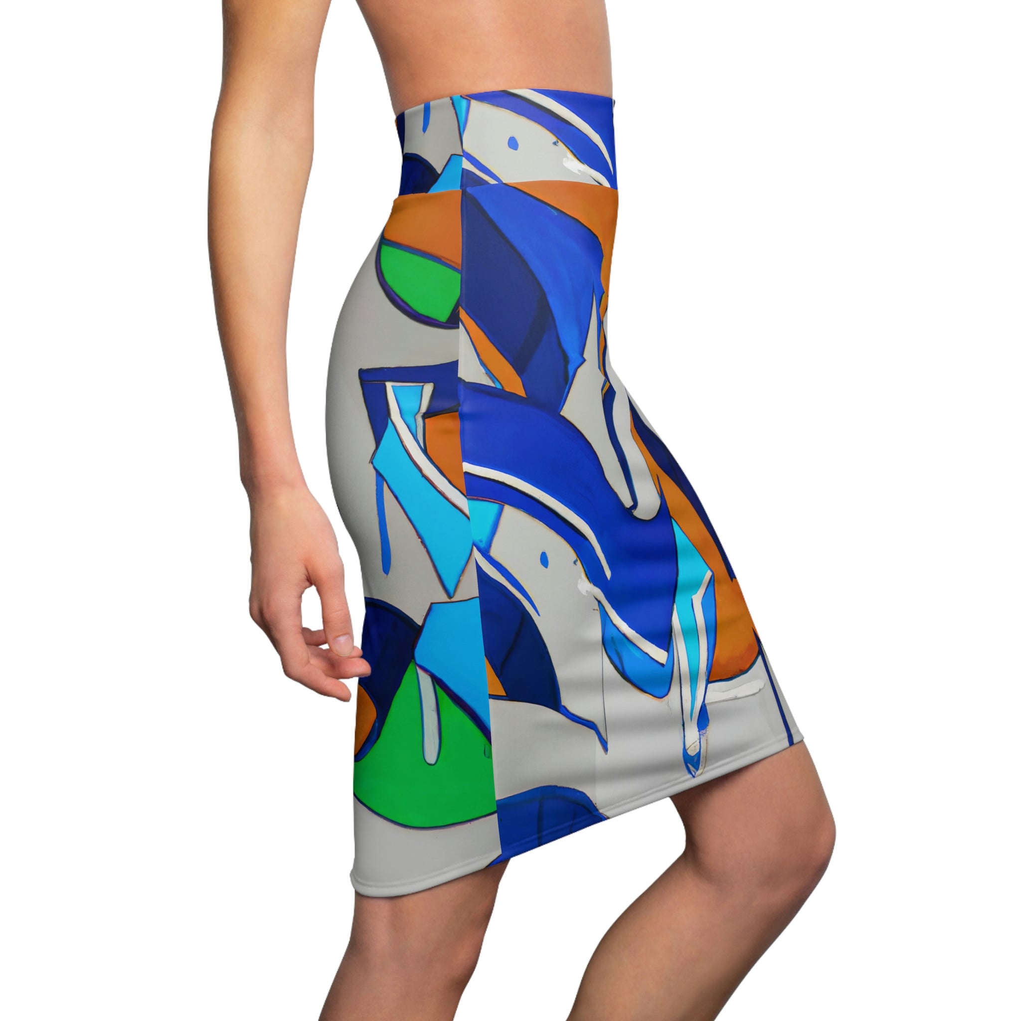 High Waist Women's Pencil Skirt featuring an abstract graffiti design, made from soft contour stretch fabric, perfect for stylish occasions.