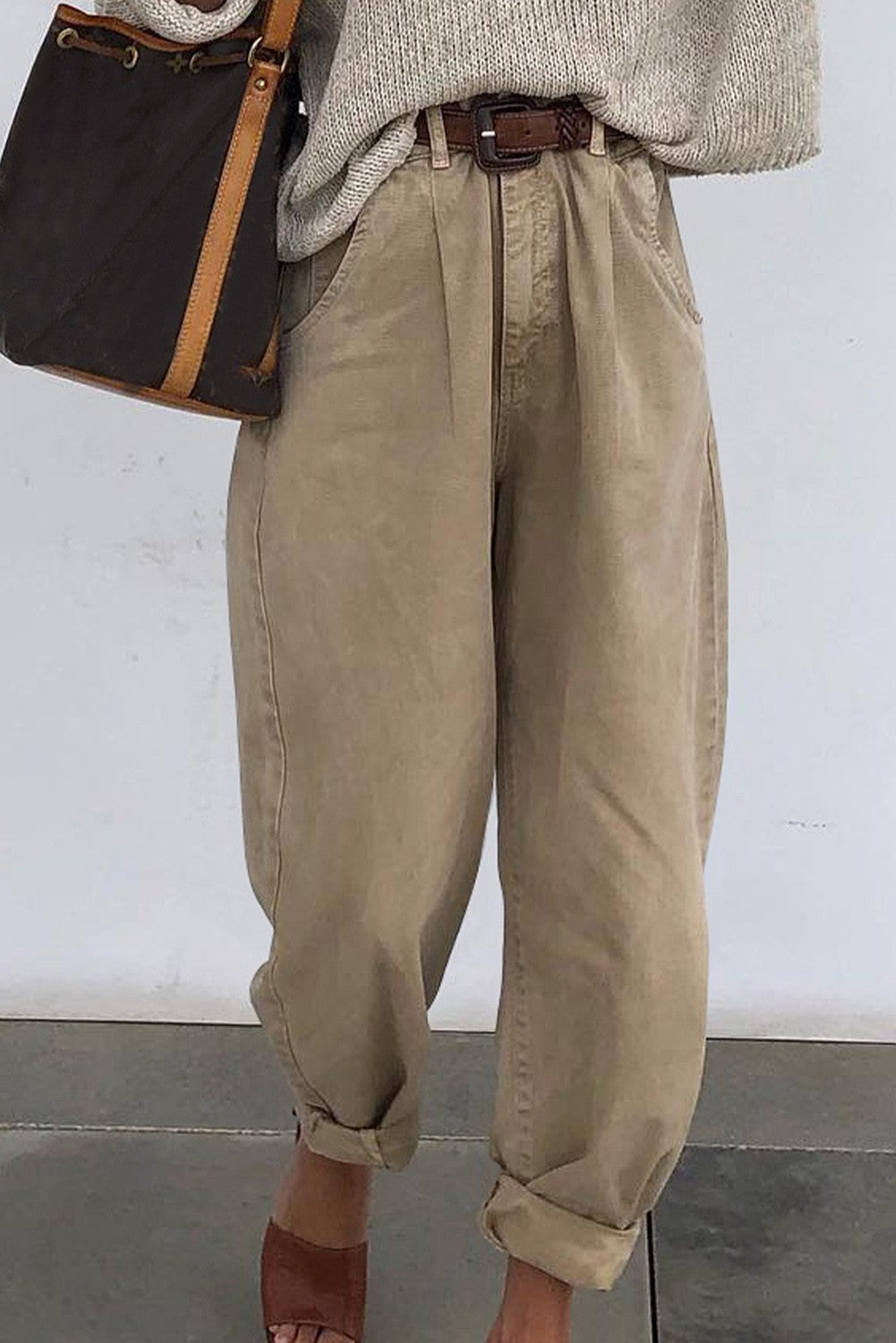 High Waisted Long Pant in Khaki, featuring a straight 7/8 leg design made from high-quality cotton for comfort.