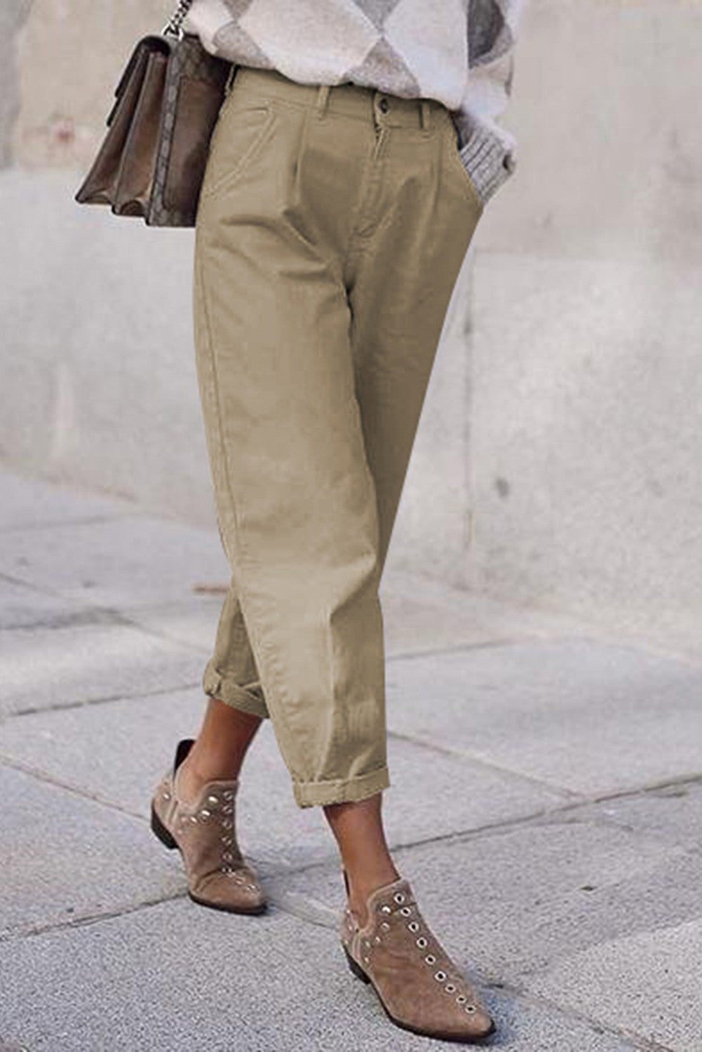 High Waisted Long Pant in Khaki, featuring a straight 7/8 leg design made from high-quality cotton for comfort.