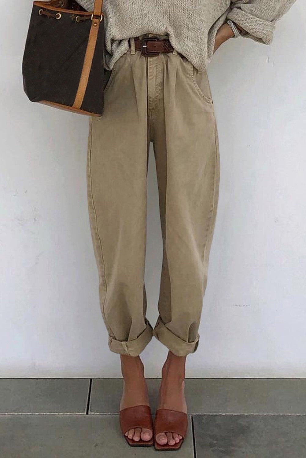 High Waisted Long Pant in Khaki, featuring a straight 7/8 leg design made from high-quality cotton for comfort.